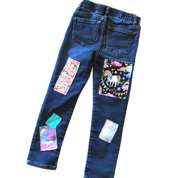 Elastic Waist Denim Jeans, Girl's Size 5: Upcycled Unicorn Theme Patchwork Pants - Picture 2 of 12